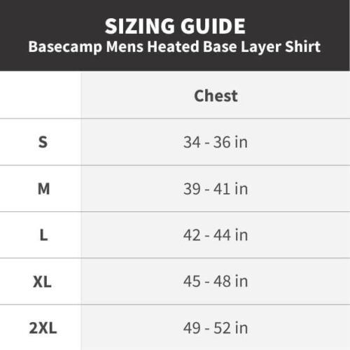 Basecamp Mens Baselayer Shirts - Sizing Chart